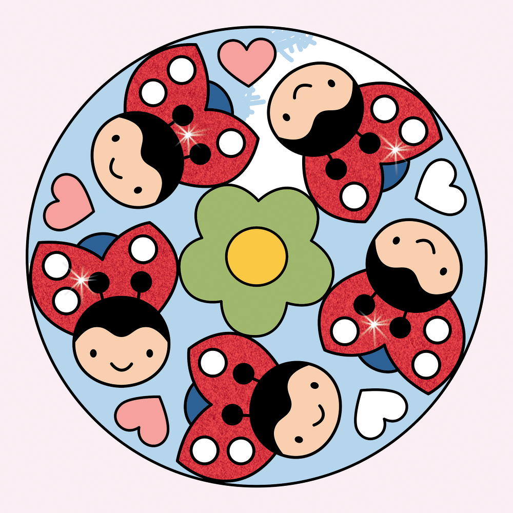 Halb ausgemaltes Ausmalbild mit lÃ¤chelnden MarienkÃ¤fern in einem Kreis angeordnet.