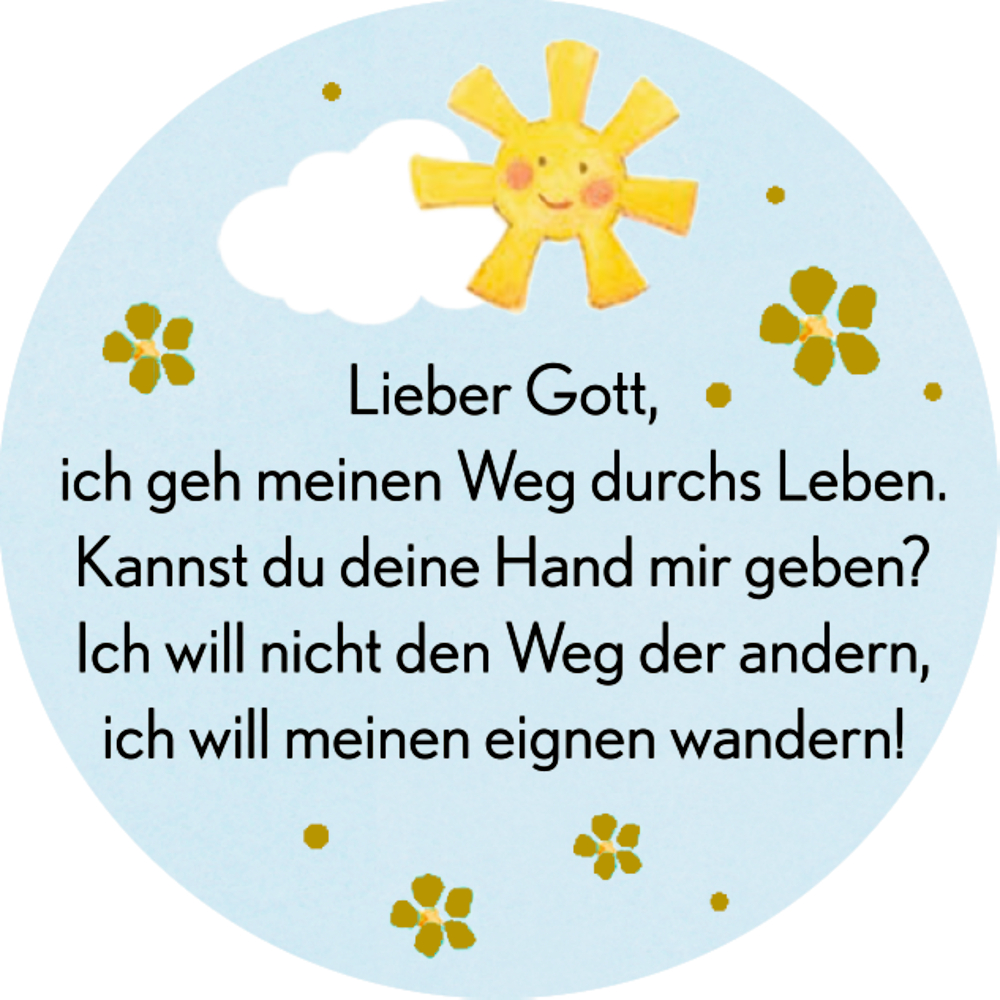 Lächelnde Sonne und Wolke über Text mit gelben Blumen auf hellblauem Hintergrund.