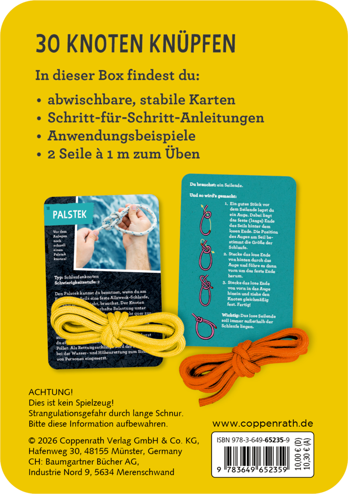 Gelbe Verpackungsrückseite mit Text zu einem Set zum Knotenlernen, zwei Seilen in Gelb und Orange sowie zwei Anleitungskarten.