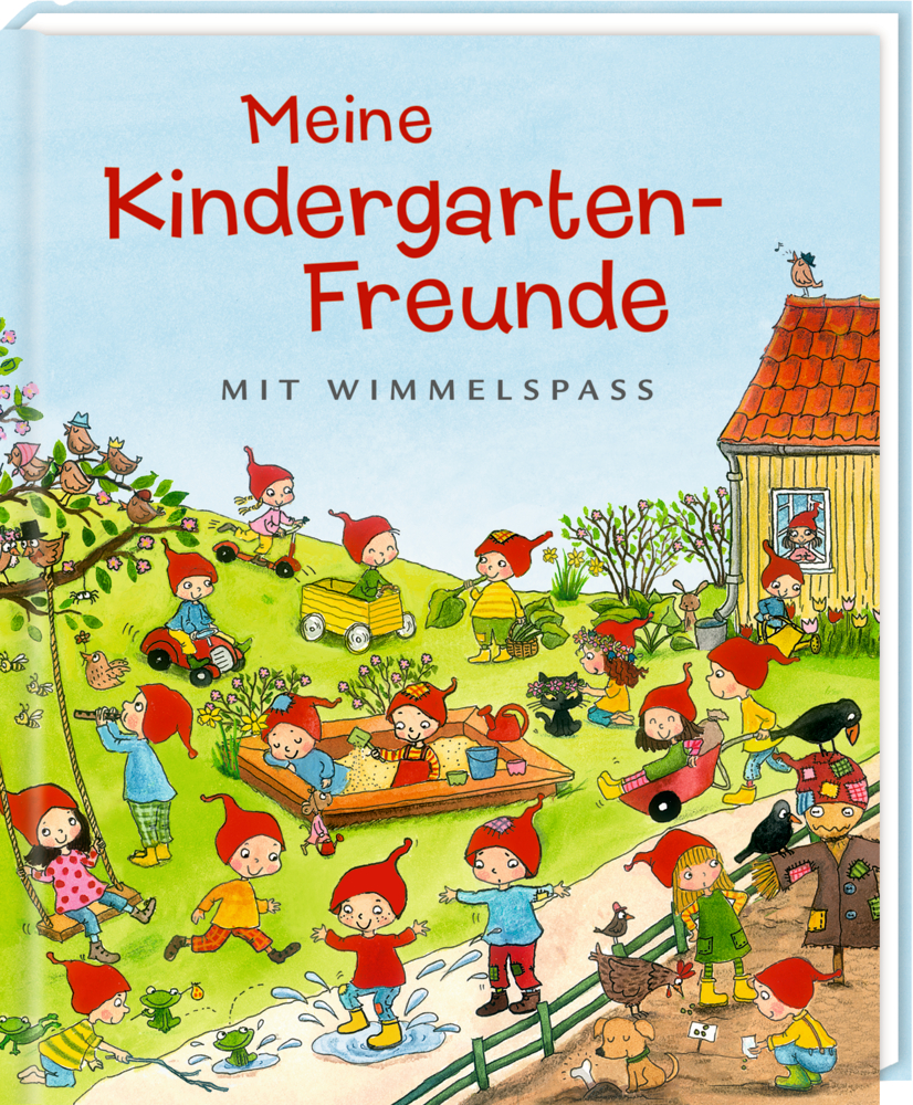 Kinder mit roten Hüten spielen draußen inmitten farbenfroher Gärten, Tiere und Bäume in einer lebendigen, bunten Szene.