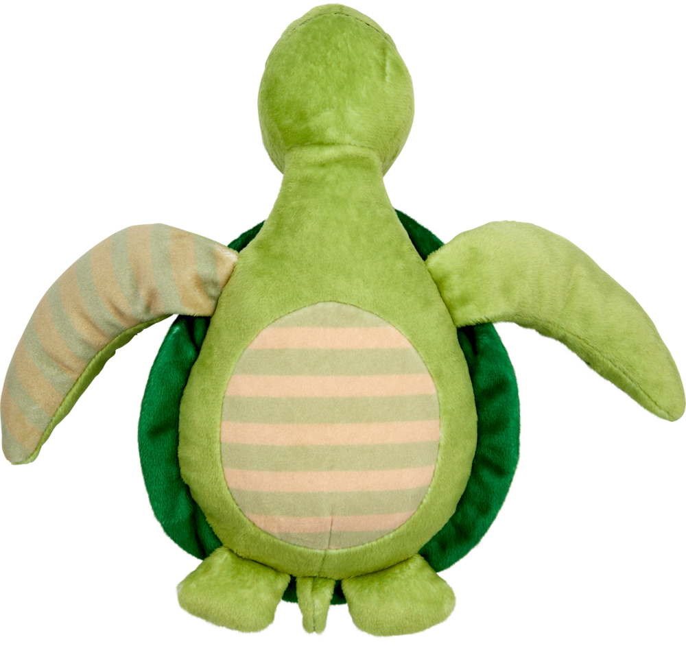 Unterseite eines grünen Stofftiers in Form einer Schildkröte mit gestreiftem Bauch und ausgebreiteten Flossen.
