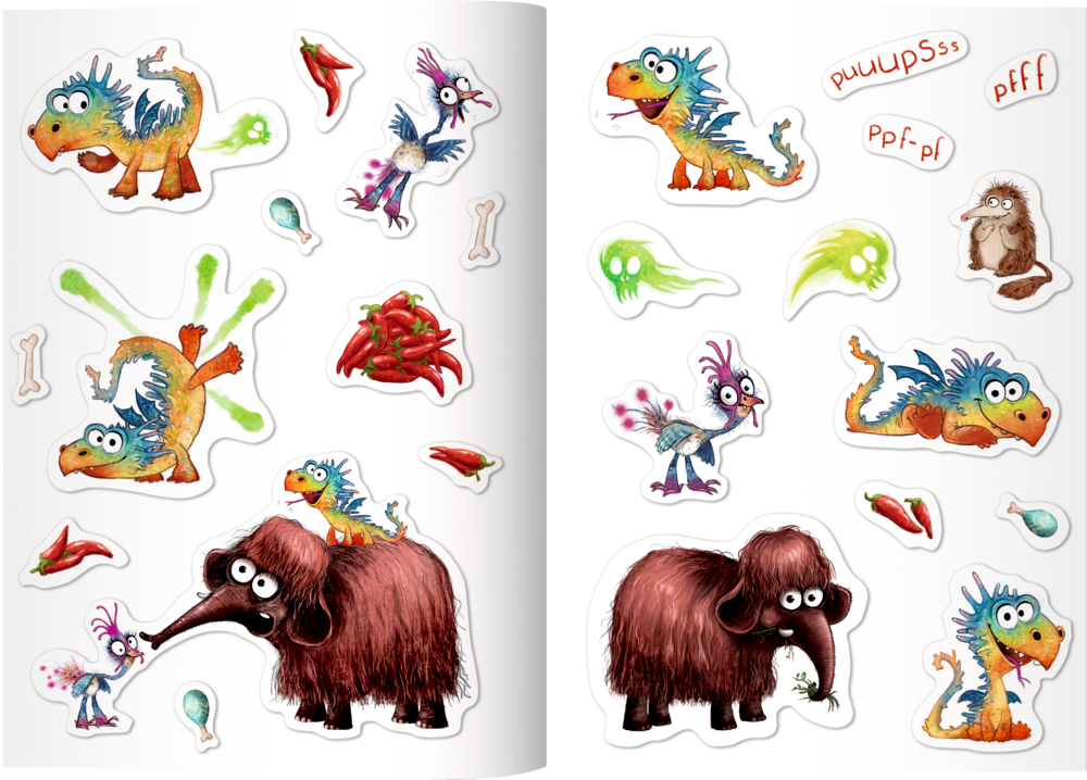 Innenseite des Stickerhefts: bunter Cartoon-Dinosaurier, Vogelwesen und Mammuts mit Sprechblasen und verstreutem Futter.