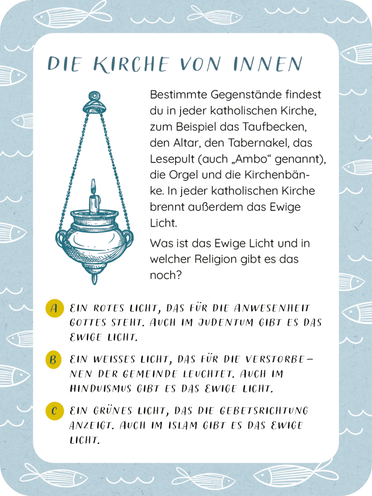 Karte mit einer Abbildung einer Kirchenlampe mit  Text über die Bedeutung der roten, weißen und grünen Kirchenlichter.