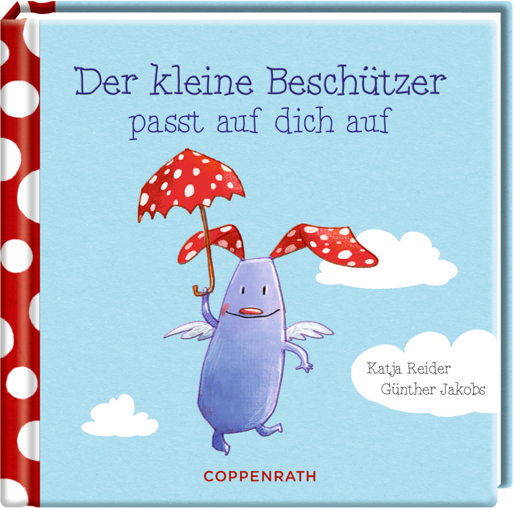 Buchcover mit einem lächelnden blauen Wesen mit roten Schlappohren und rotem Regenschirm auf hellblauem Himmel.