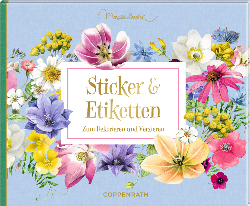 Stickerheft mit bunten Blumen und dem Titel Sticker & Etiketten Zum Dekorieren und Verzieren.