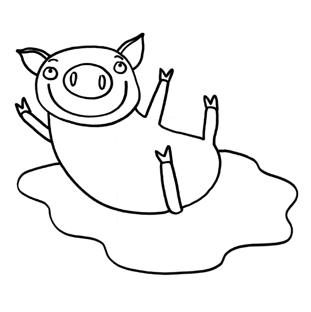 Lächelndes Ausmal Schwein, das auf dem Rücken in einer Schlammpfütze liegt.