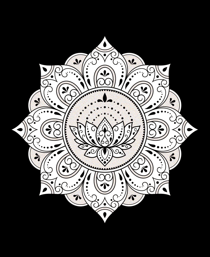 Schwarz-weißes Mandala mit einer zentralen Lotusblume und kunstvollen, symmetrischen Blumenmustern auf schwarzem Hintergrund.