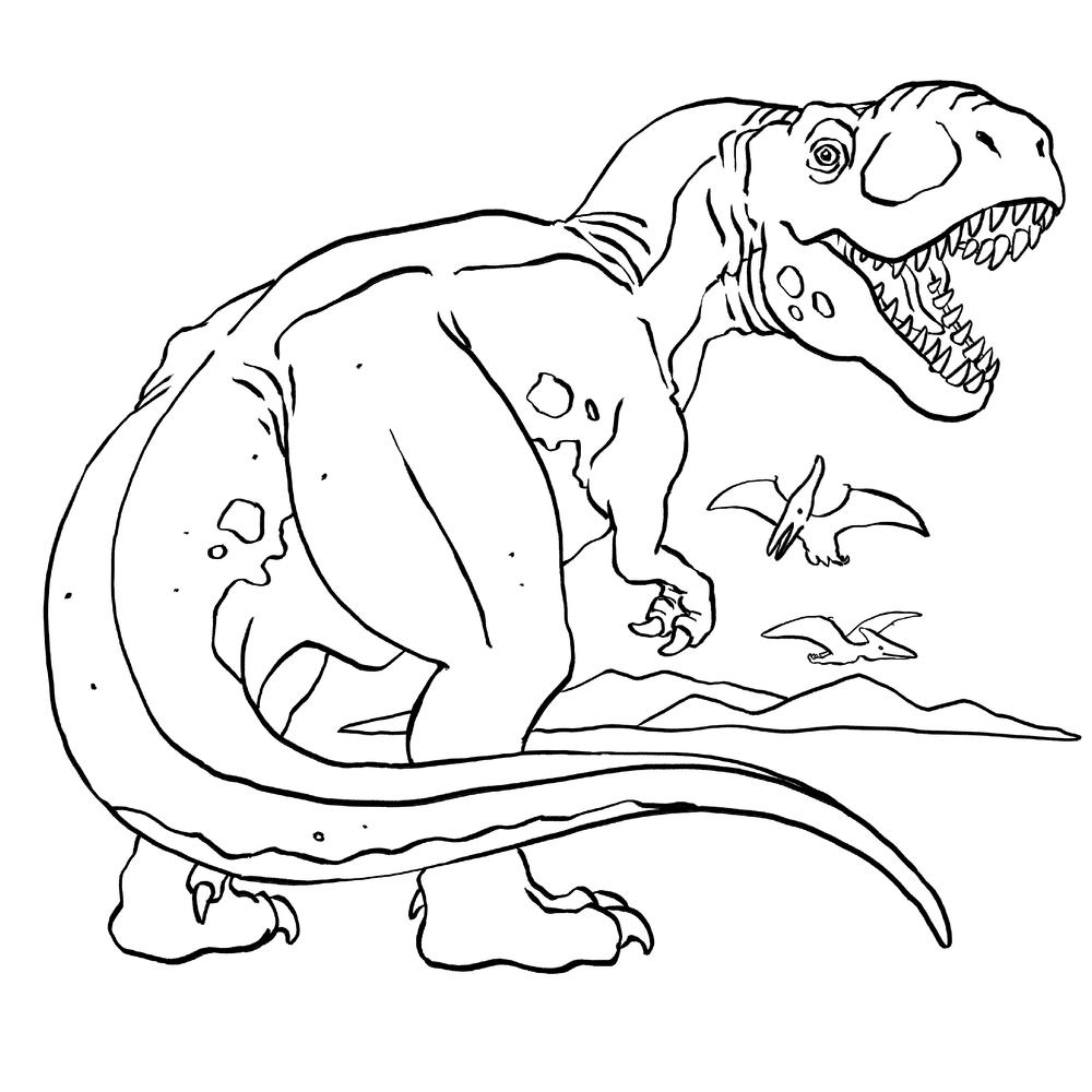 Ausgemaltes Motiv eines großen Dinosauriers mit offenem Maul und Schwanz, im Hintergrund fliegende Flugsaurier und Hügel.