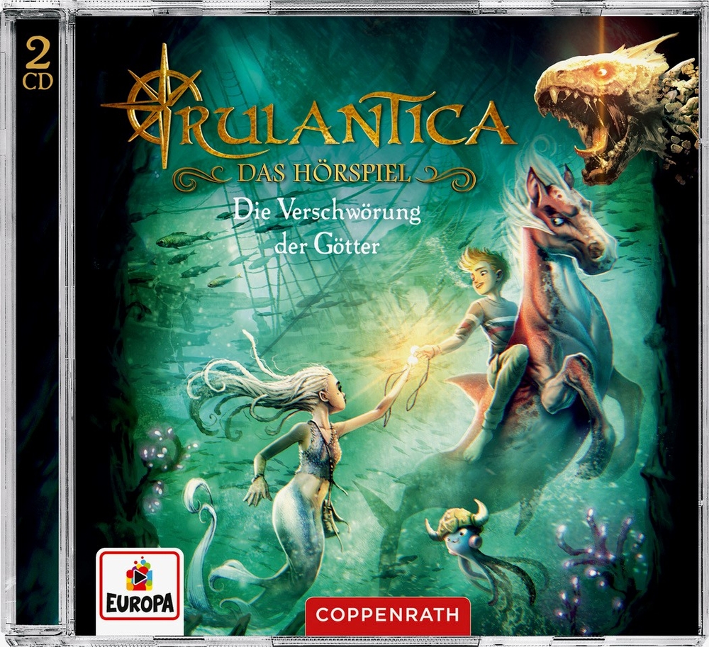 CD-Cover: Zwei Kinder reiten unter Wasser auf einem magischen Wesen, umgeben von Meereslebewesen, über denen ein wilder Drache thront.