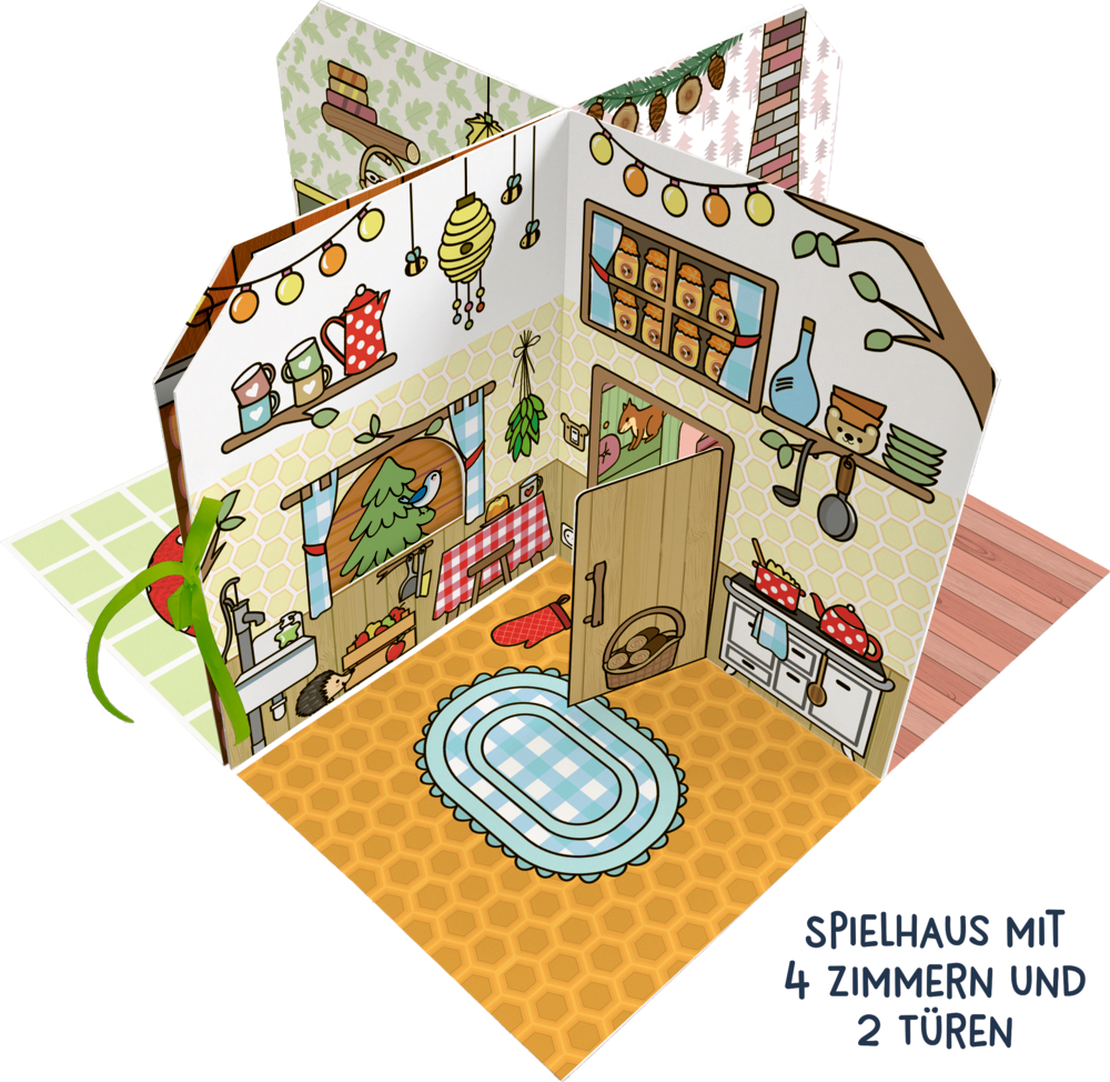 Papp-Spielhaus mit bunten Zimmerwänden, Möbelillustrationen, Fenstern, Teppich, Spüle und offener Holztür.