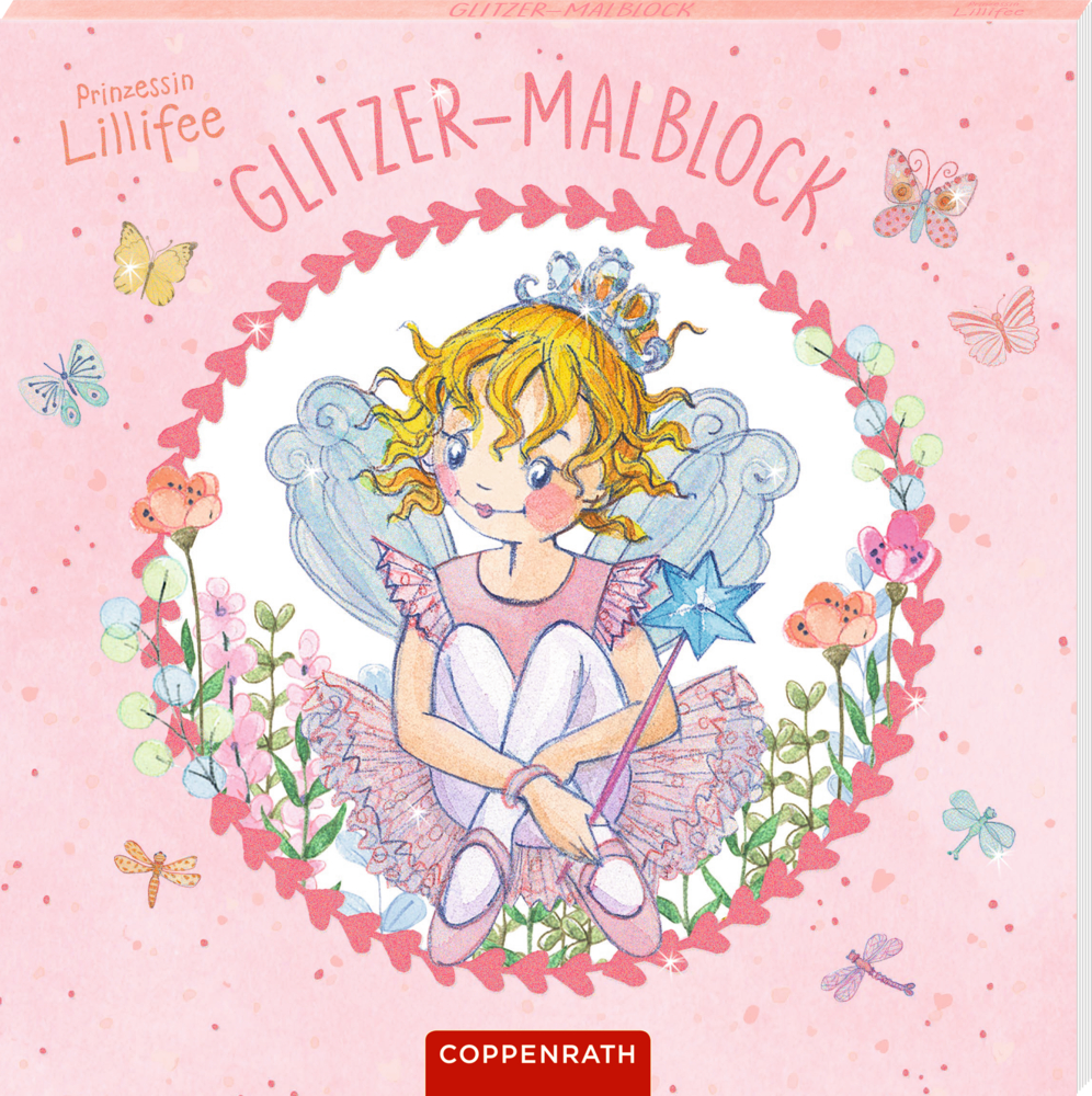 Rosa Malblock mit Illustration einer Fee mit Krone, Flügeln, Zauberstab und Blumenumrandung.