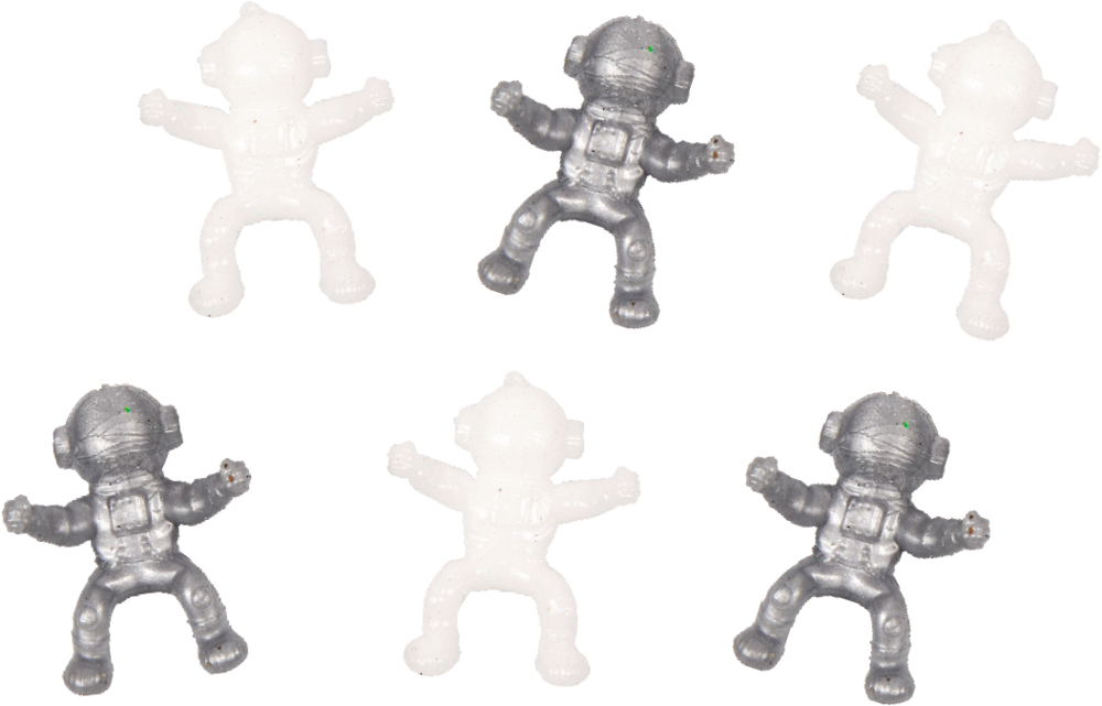 Sechs kleine, weiße und silberne Plastik-Astronauten.