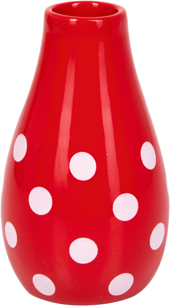 Rote Vase mit weißen Punkten, glänzender Oberfläche und schmaler Öffnung oben.