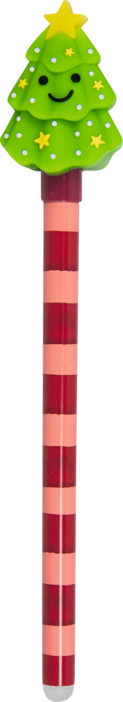 Stift mit rot-rosa gestreiftem Schaft und Aufsatz in Form eines grünen Weihnachtsbaums mit Gesicht und gelbem Stern.