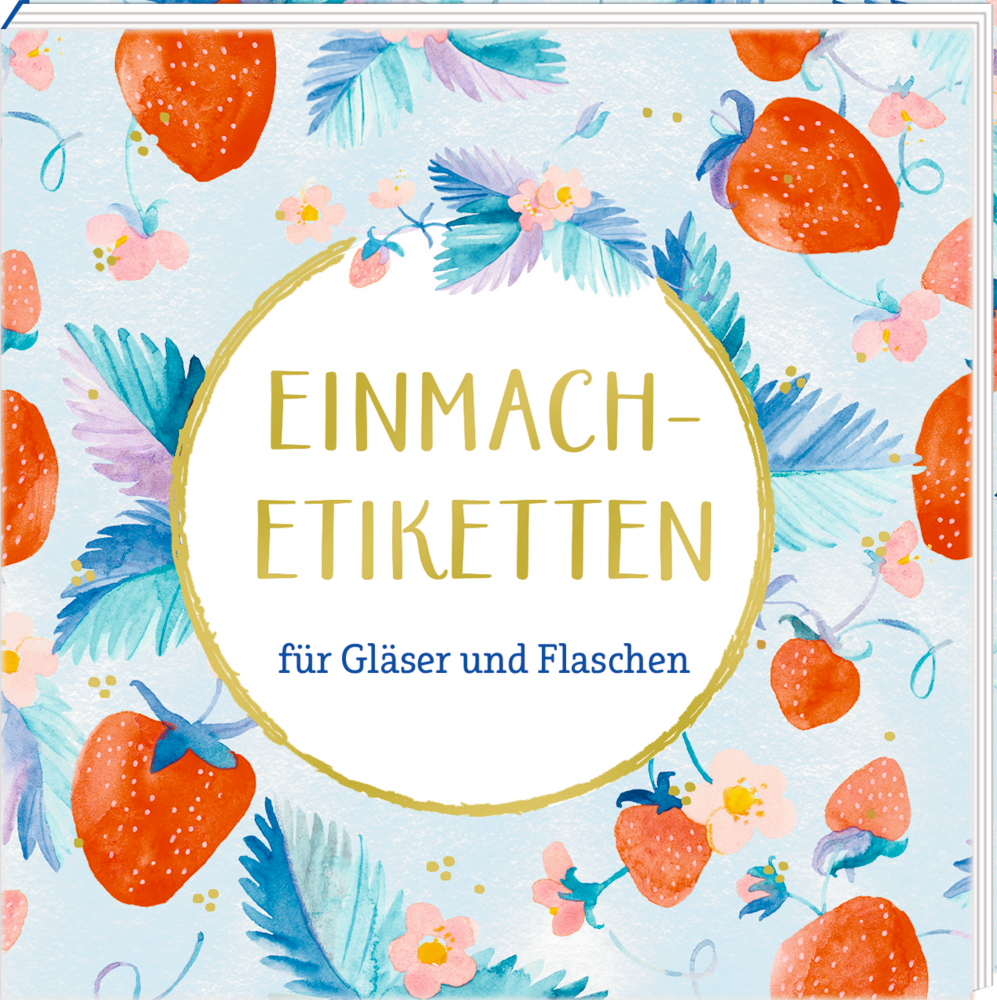 Cover eines Etikettenbüchleins mit Aquarell-Erdbeeren und hellblauen Streumotiven.