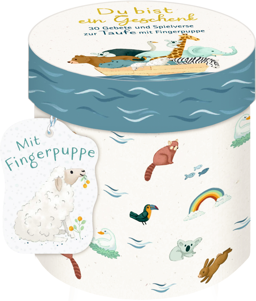 Runde Dose mit Tierzeichnungen, Aufschrift Mit Fingerpuppe und Du bist ein Geschenk auf dem Deckel.