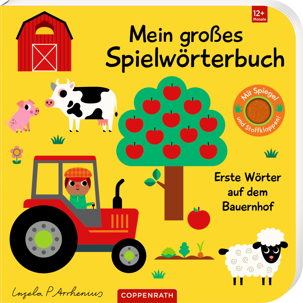 Bunter Bauernhof mit Traktor, Kuh, Schaf, Apfelbaum, Scheune und Bauer auf gelbem Hintergrund, auf dem Cover von "Mein großes Spielwörterbuch".