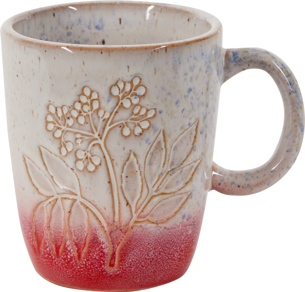 Creme-weiße Keramiktasse mit dezentem Blumenmuster und rotem Farbverlauf am Boden.