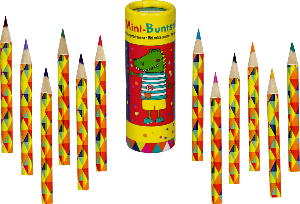Zwölf bunt gemusterte Bleistifte und eine zylindrische Box mit Krokodilillustration.