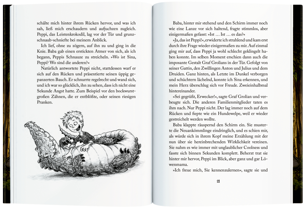 Aufgeschlagenes Buch, Junge sitzt im eingerollten Krokodilschwanz, Text um ihn herum.
