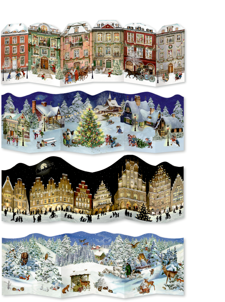 Vier festliche Winterszenen mit verschneiten Landschaften, geschmückten Gebäuden, Menschen und Weihnachtsbäumen.