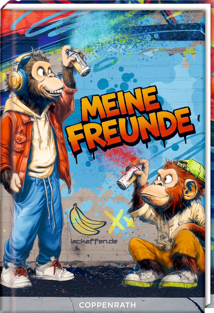 Buchcover mit zwei Comic-Affen mit Sprühdosen, bunte Graffiti-Wand im Hintergrund, Text „MEINE FREUNDE“.