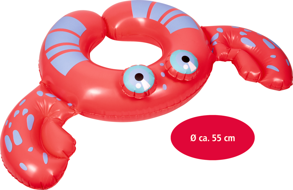 Roter aufblasbarer Krabben-Schwimmring mit blauen Punkten, großen Augen und 55 cm Durchmesser.