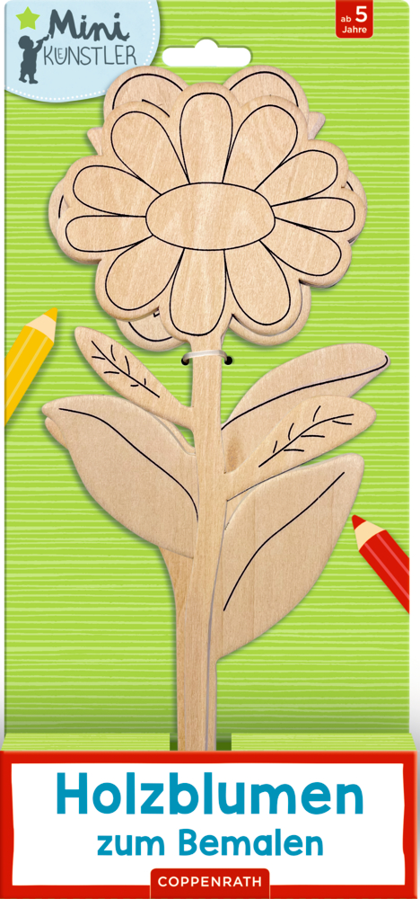 Holzmalset mit Blumen für Kinder ab 5 Jahren, auf grünem Hintergrund.