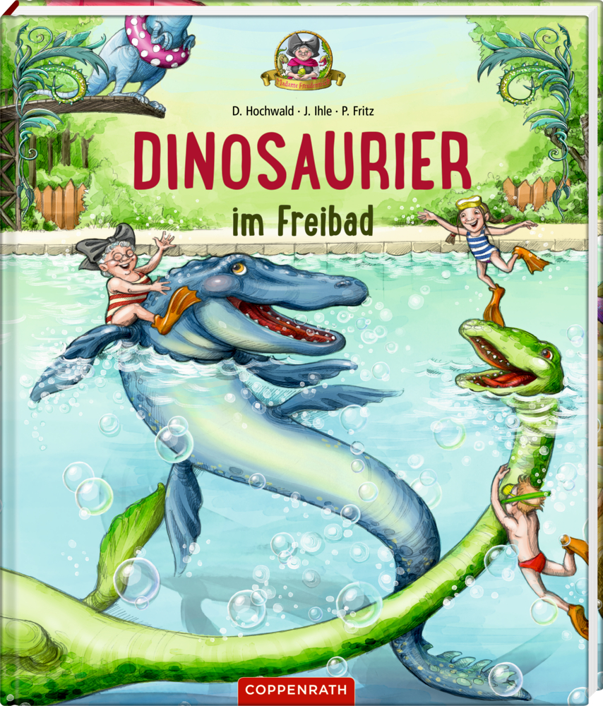 Kinder schwimmen mit freundlichen Dinosauriern in einer lebendigen Poolszene.