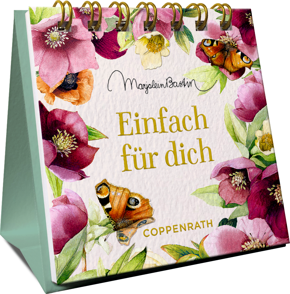 Spiralaufsteller in der seitlichen Perspektive mit rosa Blumen, Schmetterlingen und dem Titel „Einfach für dich“.