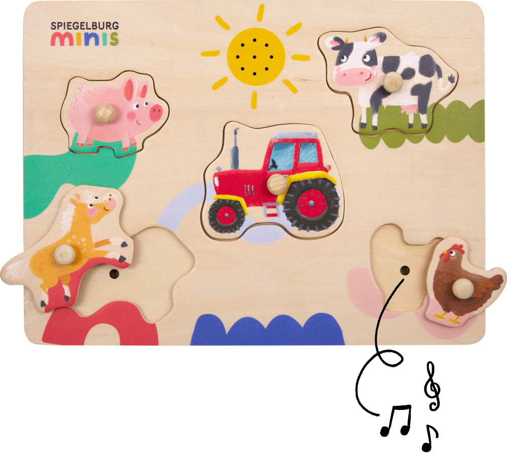 Holzpuzzle mit Soundfunktion und fünf Steckteilen: Schwein, Kuh, Pferd und Traktor, dazu eine Henne neben einer herausnehmbaren Form.