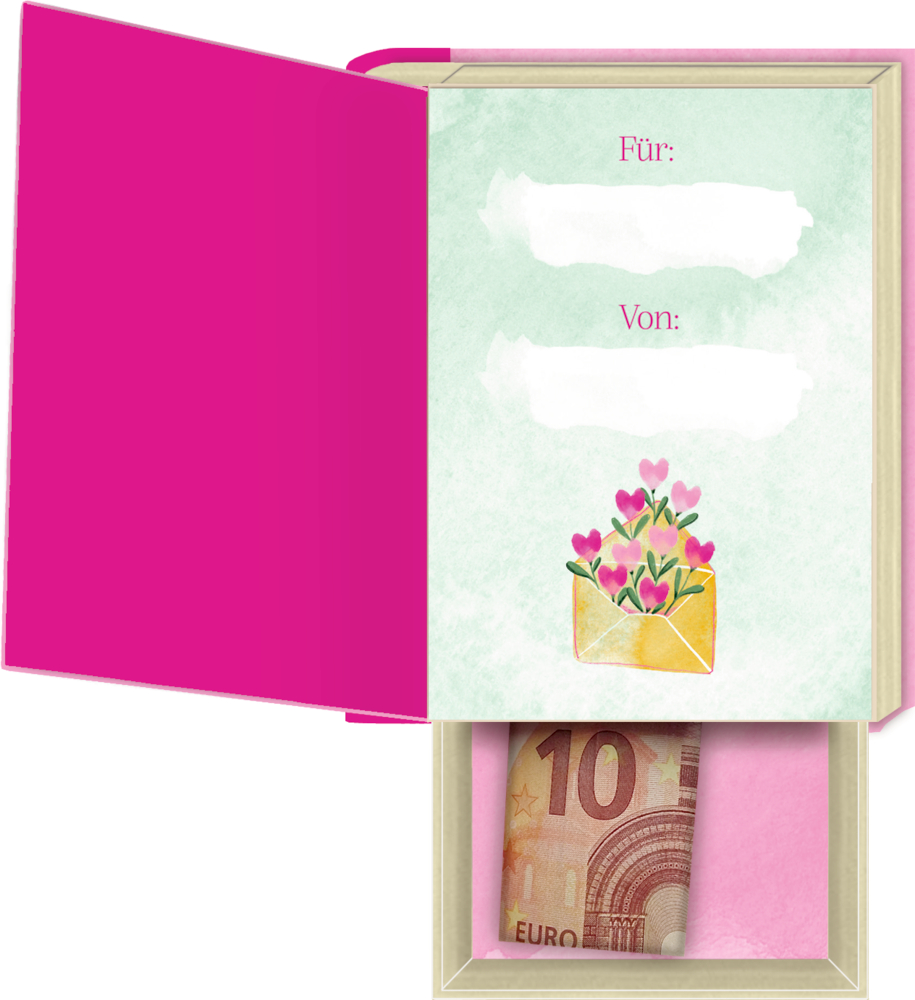 Ein rosa Geschenk-Buch mit Umschlag-Illustration, aufgeklappt, zeigt ein Fach mit einem 10-Euro-Schein.