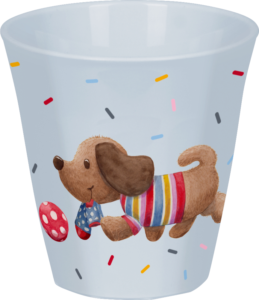 Hellblauer Becher mit verspielter Dackelillustration und buntem Konfetti.