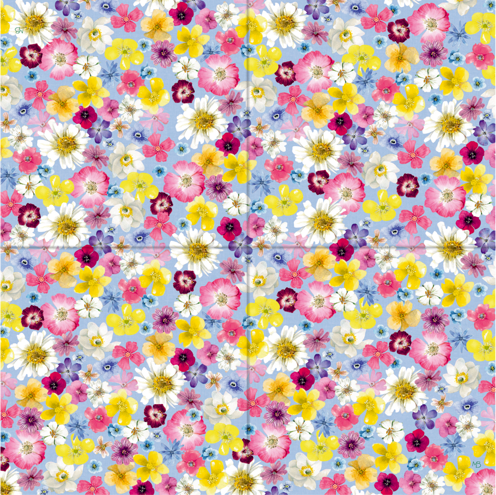 Servietten aufgeklappt mit Streumuster: Blumen in Gelb, Pink, Weiß, Lila und Blau sind auf hellblauem Hintergrund verteilt.