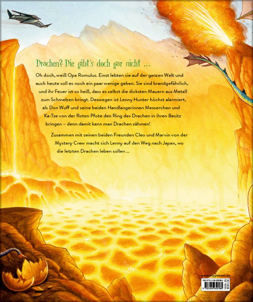Buchrückseite mit Illustration von Drachen, Feuerball aus Maul, Felslandschaft mit Lava und geöffnetem Drachenei im Vordergrund.