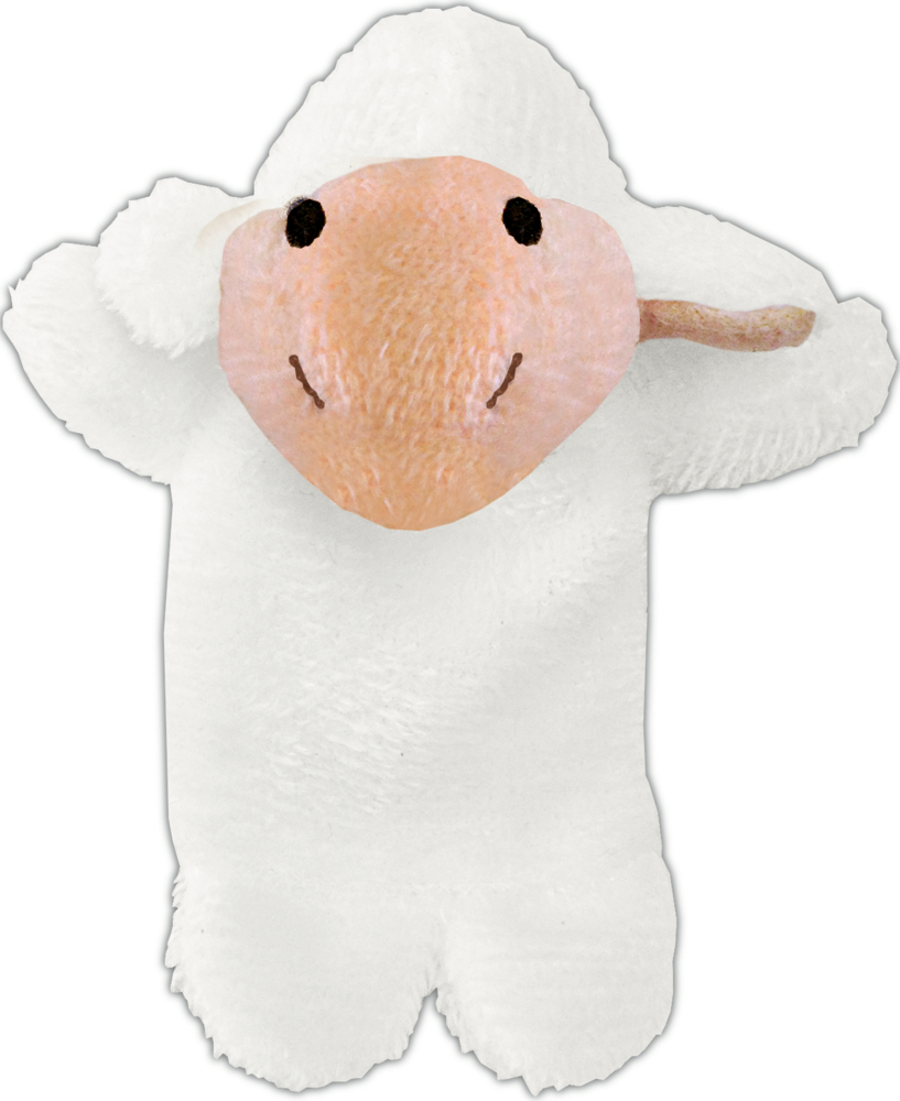 Eine weiße Plüsch-Lamm-Handpuppe mit rosa Nase und schwarz gestickten Augen und Mund.