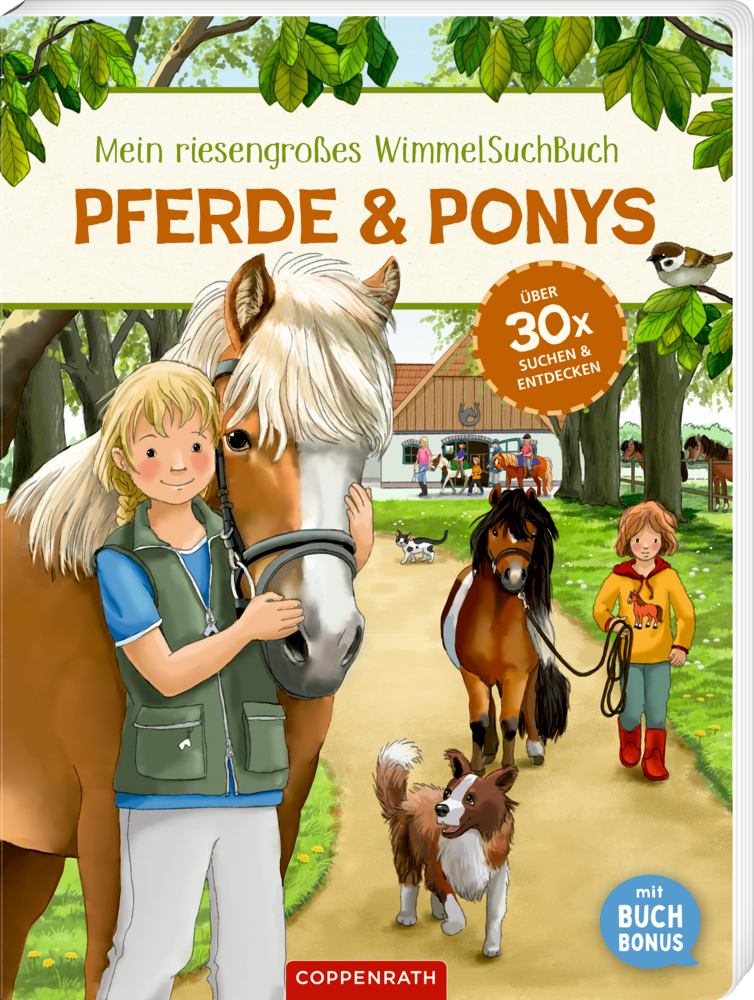 Buchcover mit einem Kind, das ein Pferd umarmt und einem anderen, das dahinter ein Pony führt.