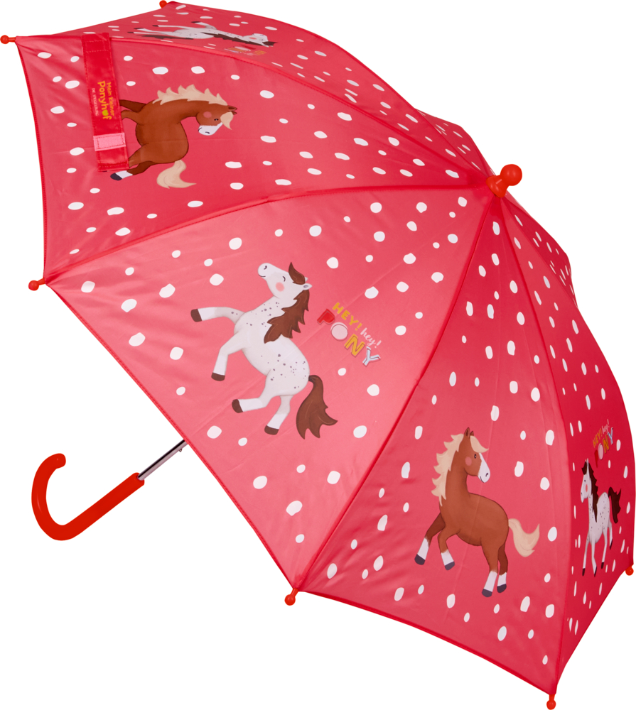 Roter Regenschirm mit weißen Punkten, Cartoon-Ponys auf dem Schirm und einem roten, gebogenen Griff.