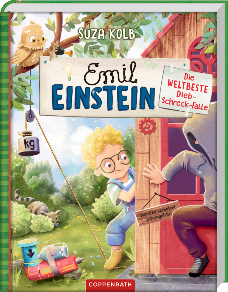 Illustriertes Cover: Junge mit Locken lugt ums Gartenhaus und beobachtet einen Eindringling.