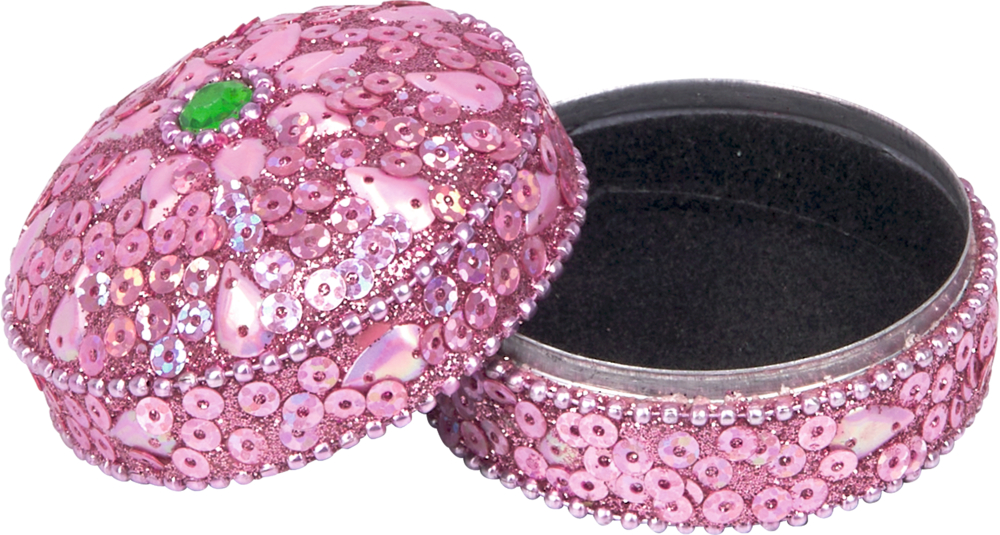 Runde rosa Dose mit abnehmbarem Deckel, verziert mit Pailletten und Perlen, oben ein grüner Glitzerstein.