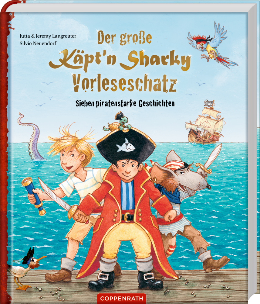 Ein Junge mit Piratenhut führt Kinder und Tiere am Strand, im Hintergrund ein Piratenschiff und Meereswesen, auf em Cover von "Der große Käpt'n Sharky Vorleseschatz".
