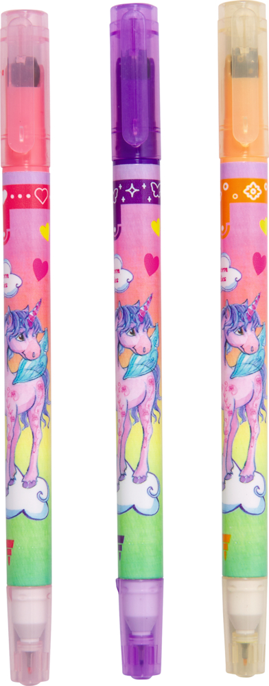 Drei bunte Filzstifte mit Einhornmotiv und Kappen in Rosa, Lila und Gelb.