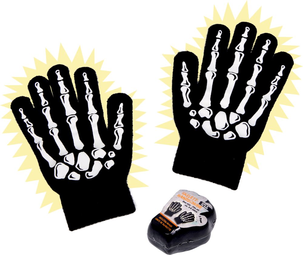 Schwarze Handschuhe mit weißem Skelettmuster, daneben die Verpackung des Produkts.