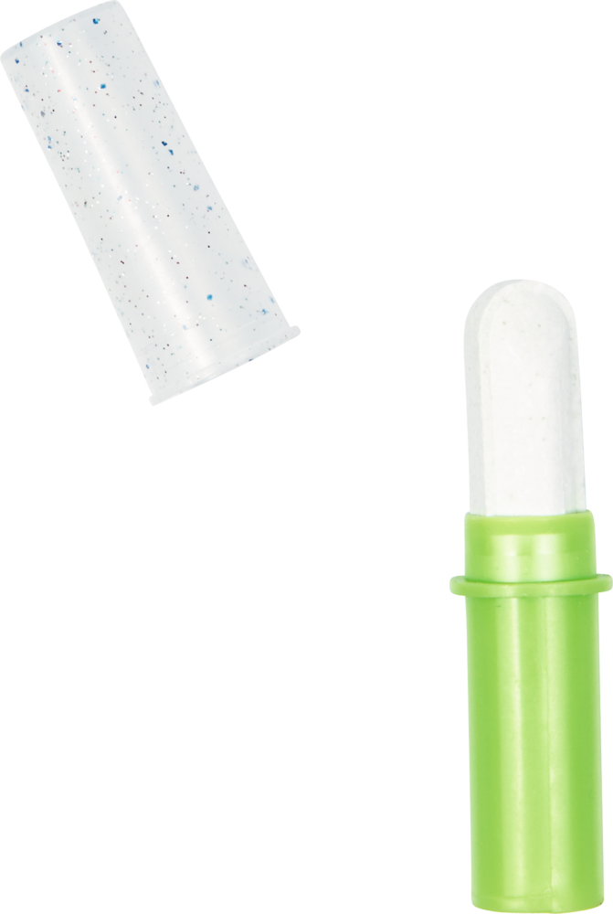 Objekt in Lippenstiftform mit grünem Griff und weißem Stift. Die Kappe befindet sich daneben.