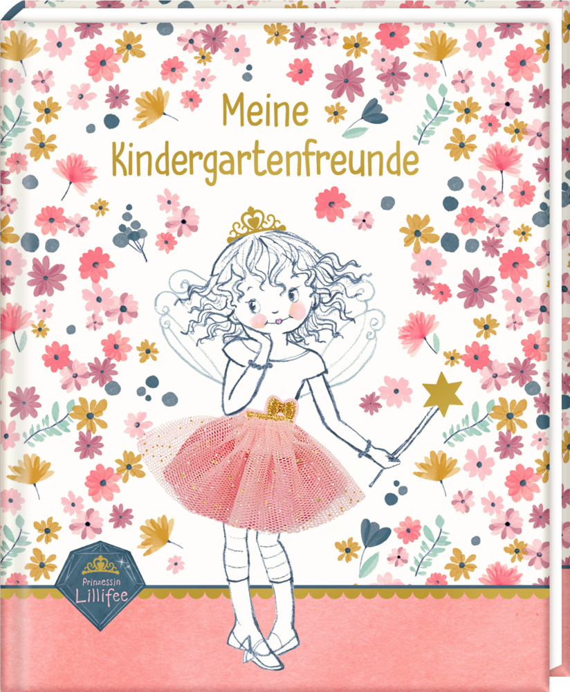 Feenmädchen im rosa Tutu hält einen Zauberstab vor einem floralen Hintergrund. Text: Meine Kindergartenfreunde.