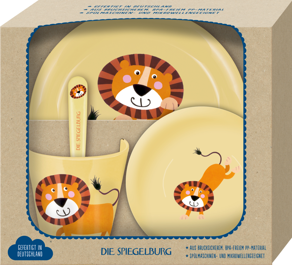 Gelbes Kindergeschirrset mit Cartoon-Löwe: Teller, Schüssel, Tasse und Löffel. Wird im Karton geliefert.