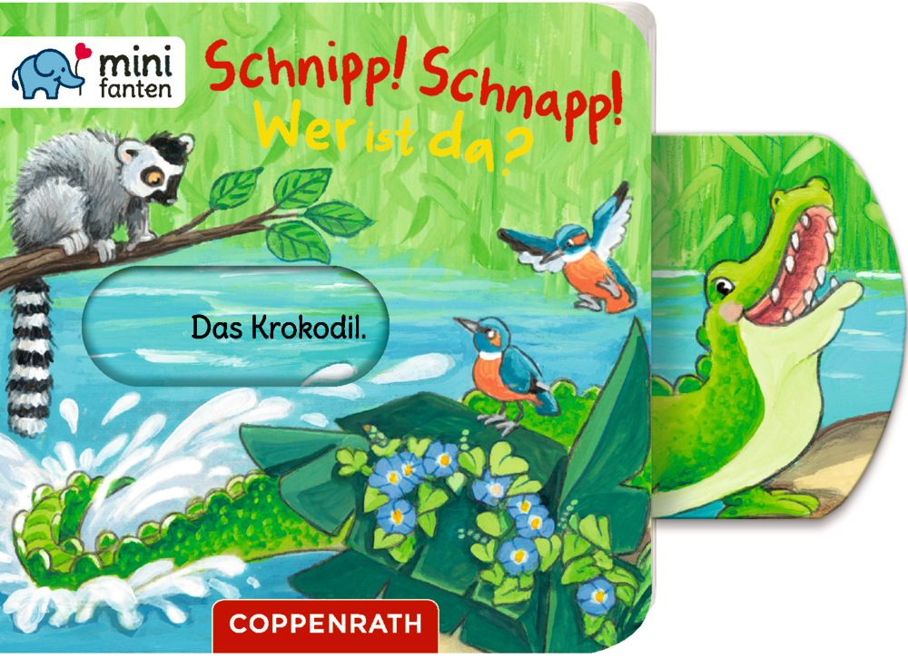 Krokodil in einem Fluss mit einem Lemur und zwei Vögeln in der Nähe; farbenfrohes Kinderbuchcover.