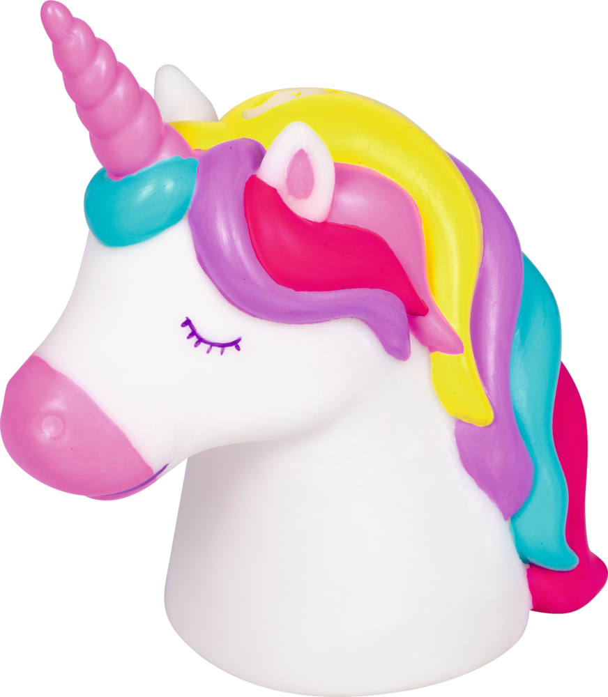 Weißer Einhornkopf als Spardose mit pinkem Horn, geschlossenen Augen und bunter Mähne in Gelb, Lila, Pink und Türkis.