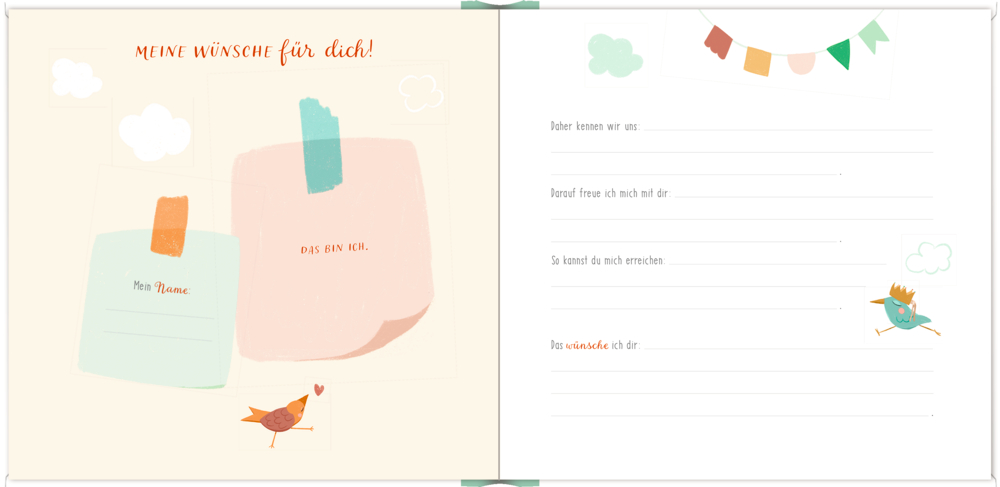 Offenes Einschreib-Buch mit pastellfarbenen Kästchen für Notizen, kleinen Vögeln und Wimpel auf cremefarbenem Hintergrund.
