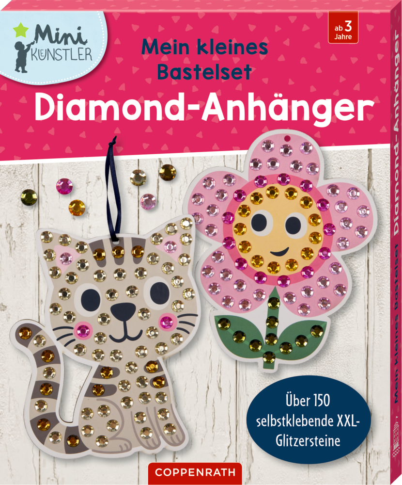 Bastelset-Box mit glitzernder Katze und Blumen als Dekoration, Aufschrift Diamond-Anhänger, Altersangabe ab 3 Jahren.